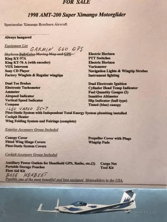 A document titled "FOR SALE 1998 AMT-200 Super Ximango Motorglider" lists equipment and features, with a small illustration of the aircraft at the bottom.