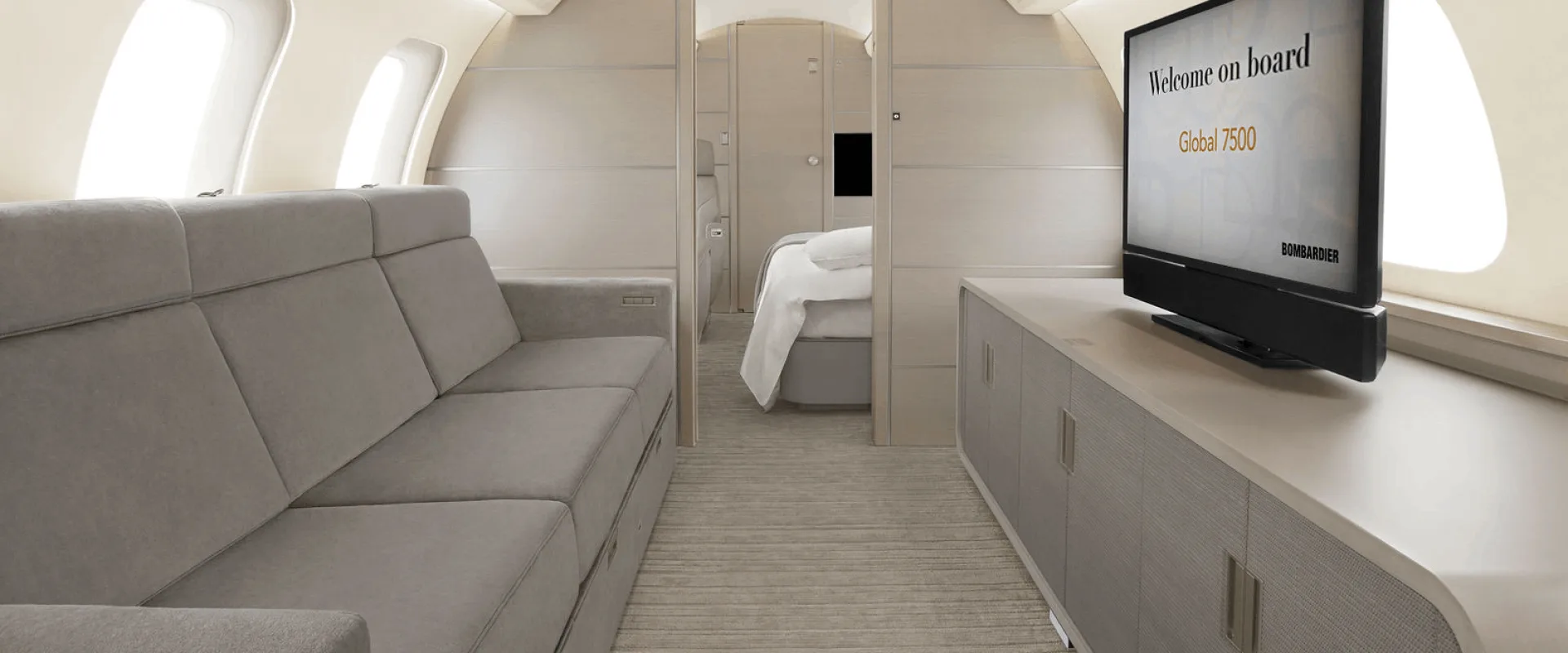 Aircraft cabin with sofa, bed, and television.