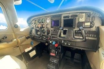View of the aircraft's instrument panel and controls.