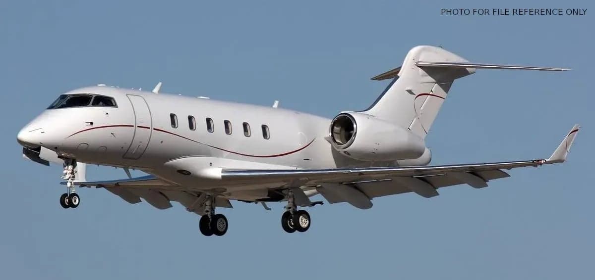 A Bombardier Challenger aircraft is shown in flight with landing gear deployed.