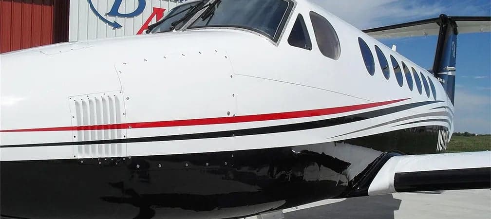 Close up of the nose and fuselage of a King Air 350.
