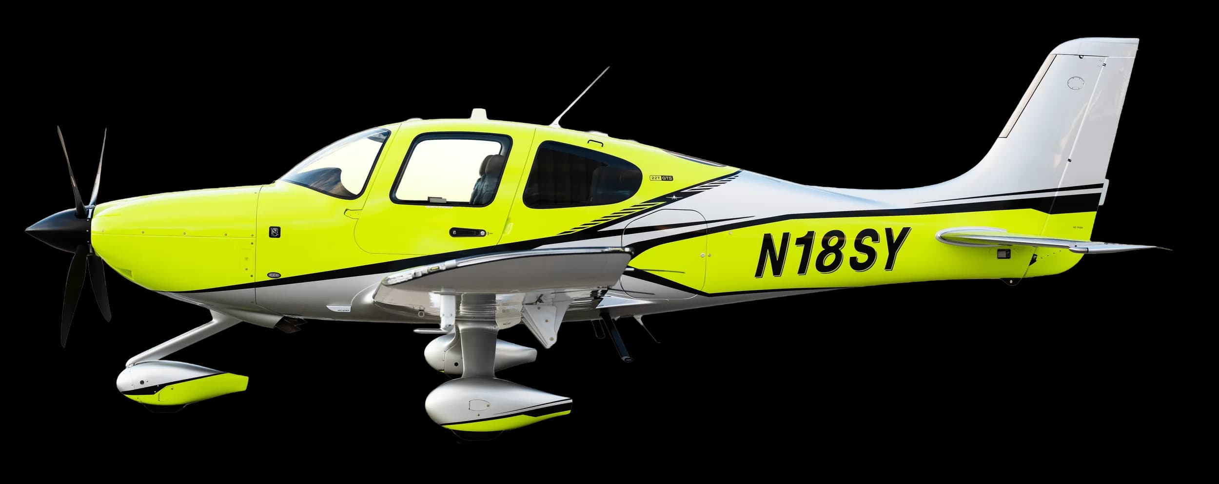 Side view of a Cirrus SR22 aircraft with a neon yellow and silver paint scheme, registration N18SY.