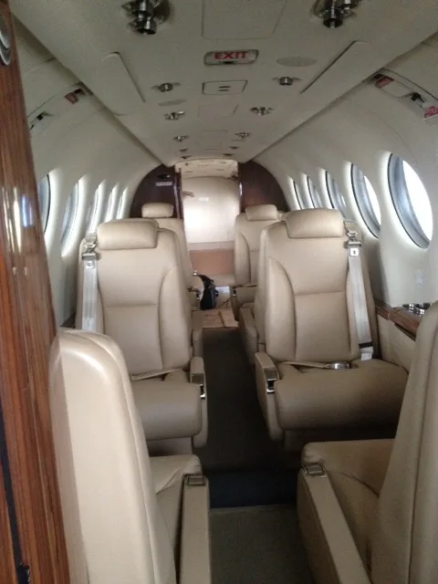 View of the interior cabin seats of the Beechcraft King Air 350i.