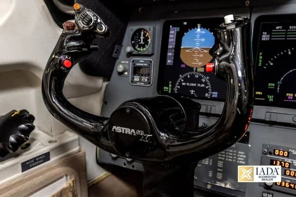 Close up of the control yoke in the cockpit of the Astra SPX.