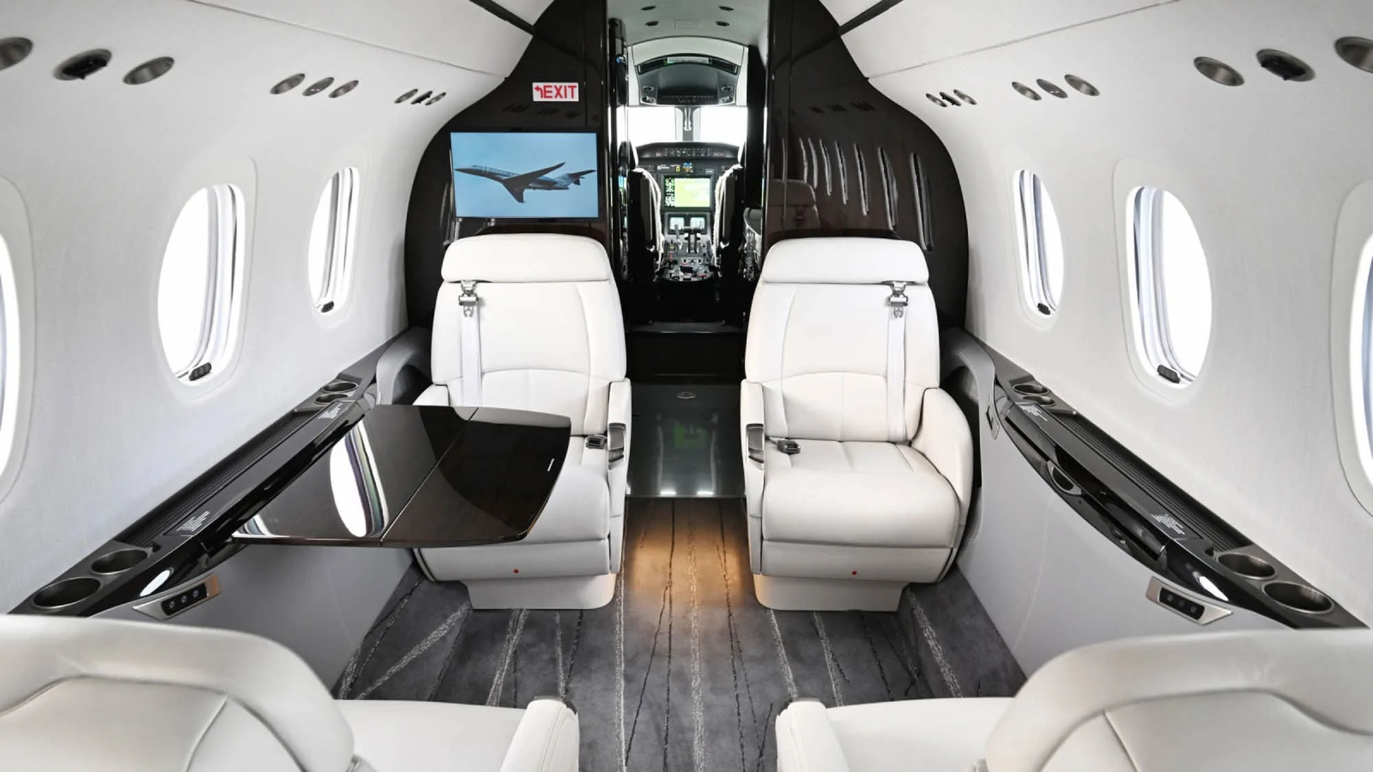 The aircraft cabin features white leather seats, a dark table, and a screen displaying an aircraft image.