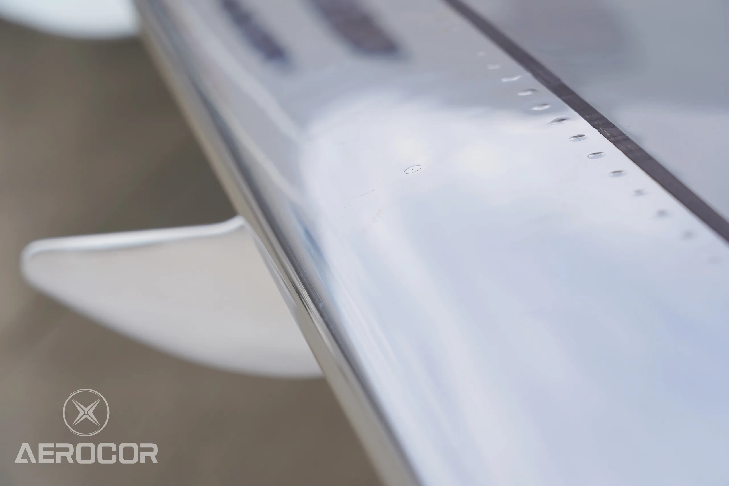 A close-up view of the smooth, reflective surface of the aircraft's wing.