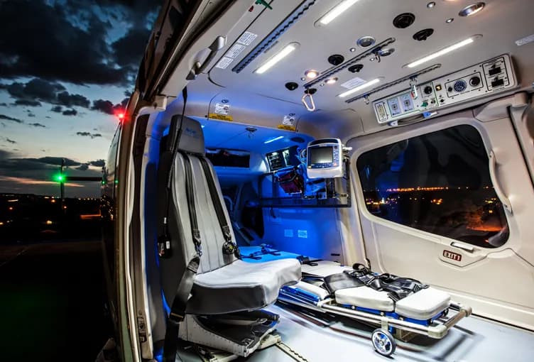 The interior of a helicopter configured for medical transport.