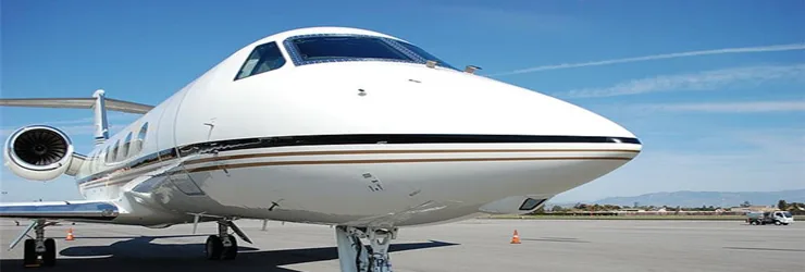 A close-up, low-angle view of the nose of a white business jet with gold and black stripes on an airport tarmac.
