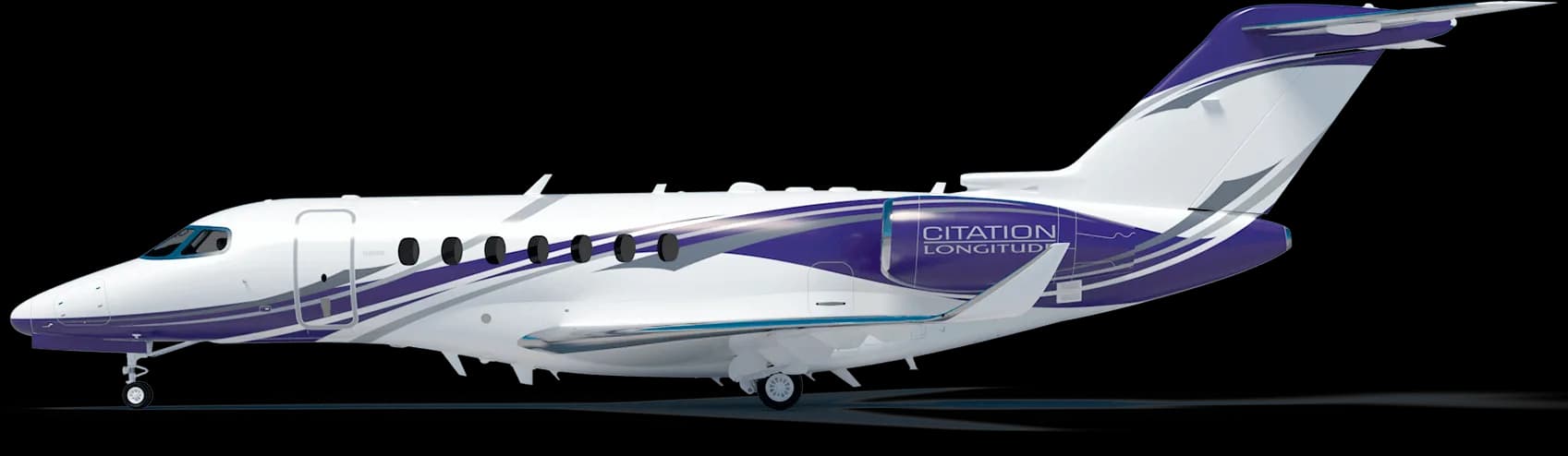 A Citation Longitude with a purple and white paint scheme is shown in a side view against a black background.