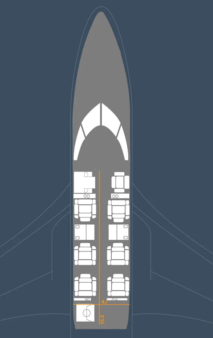 View of the aircraft's interior, showing leather seats and wood trim.