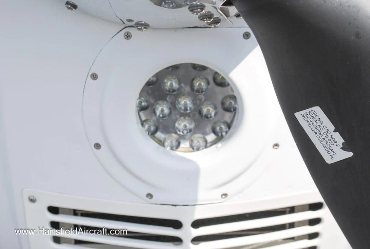 Close-up of the LED landing light on a Beechcraft Bonanza aircraft.