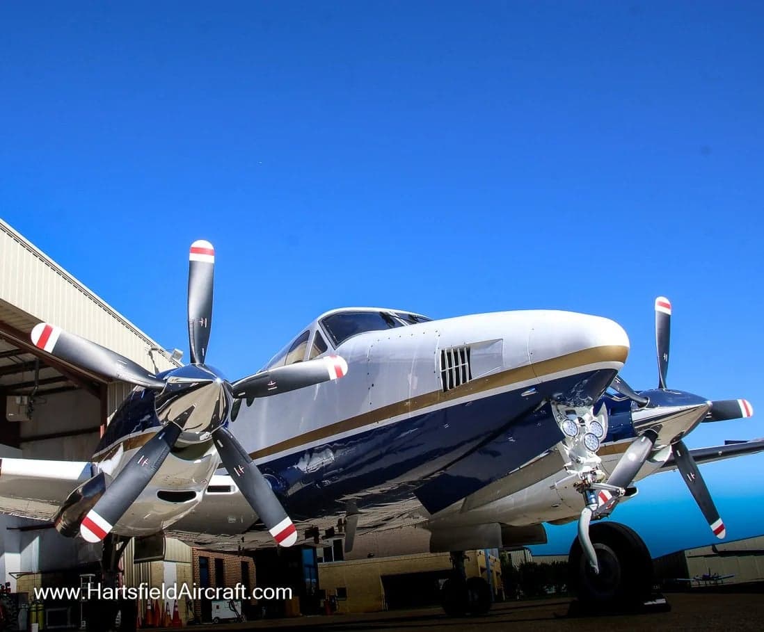 Low angle view of a King Air aircraft.
