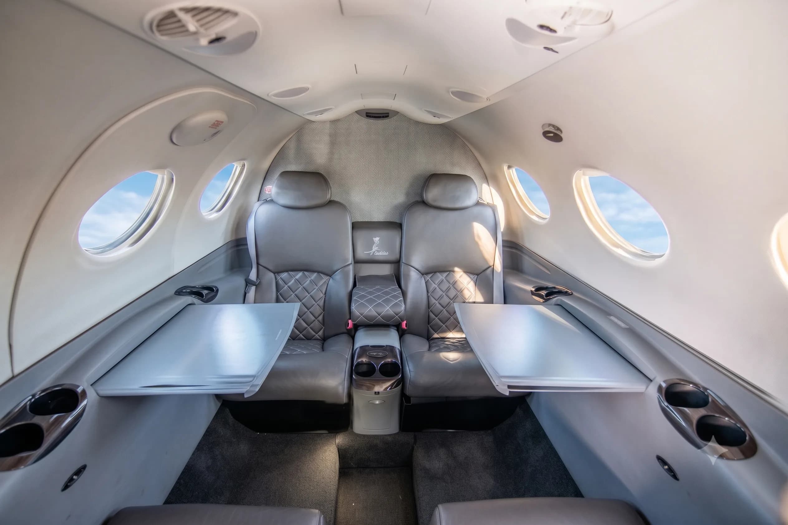 The aircraft's interior cabin features two grey leather seats facing forward, with fold-out tables and cup holders.