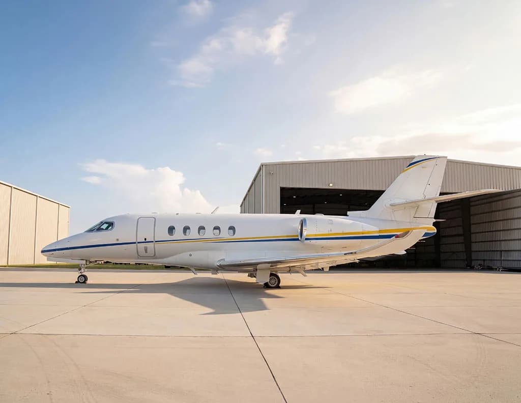 A side view of a white Cessna Citation Latitude business jet with blue and yellow stripes parked on a tarmac.