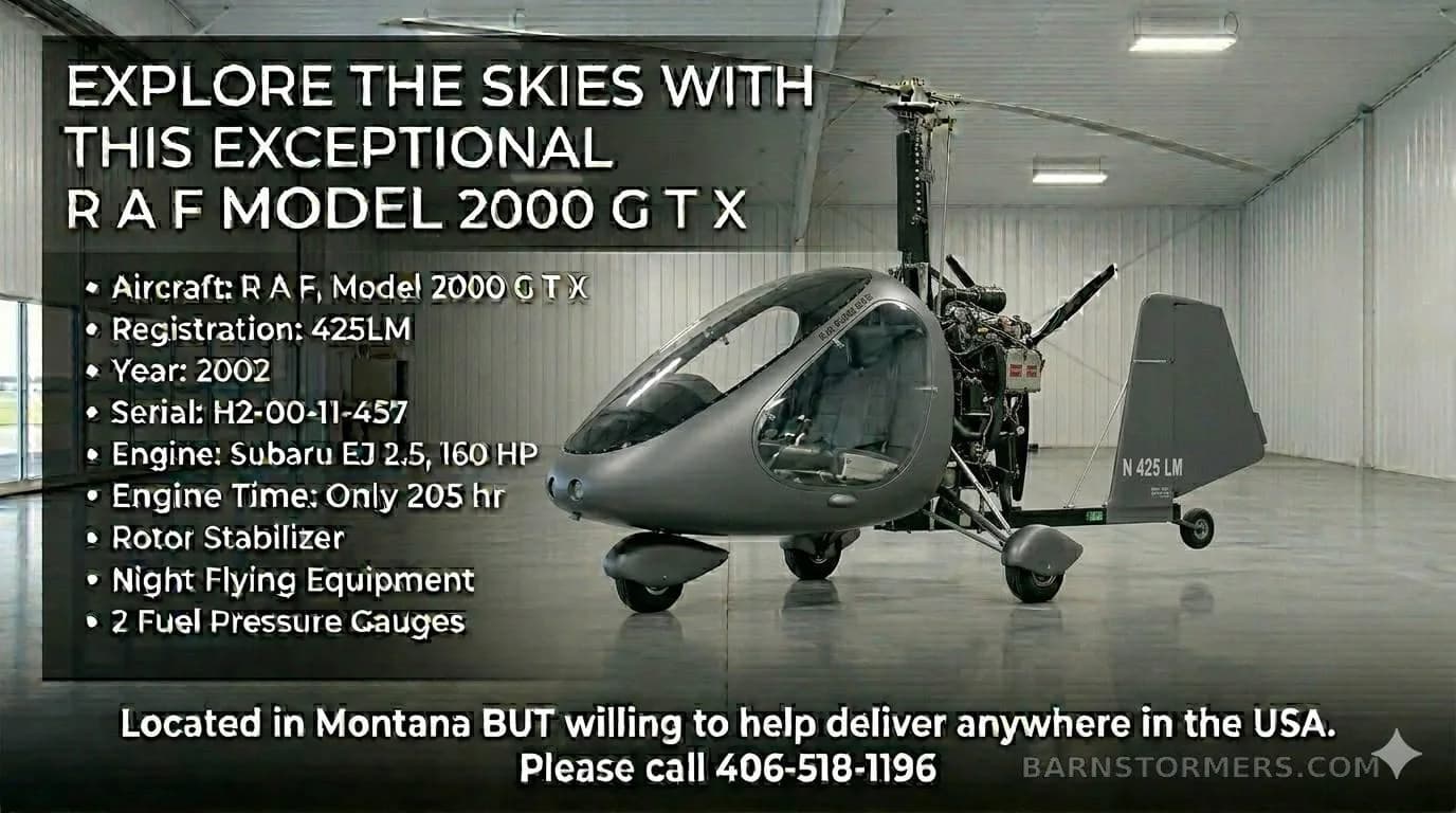 A grey RAF 2000 GTX autogyro with registration 425LM is shown in a hangar, overlaid with promotional text and specifications.
