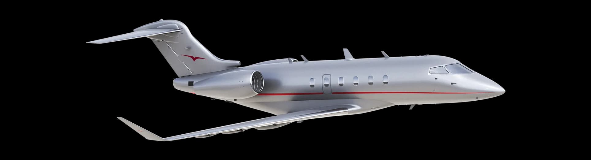 A silver jet with a red stripe is shown against a black background.