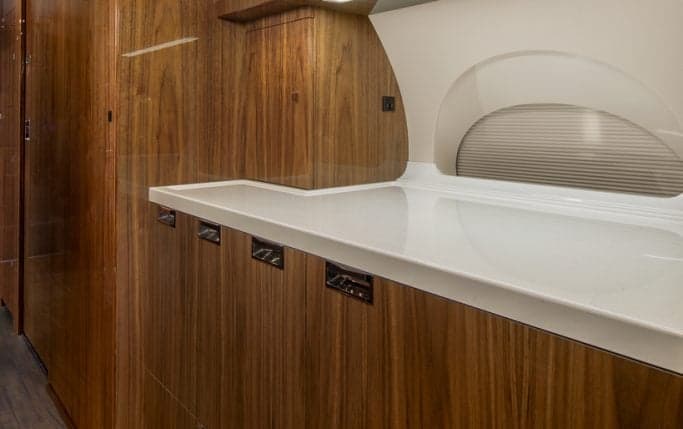 The aircraft's galley features a sink, microwave, and oven.