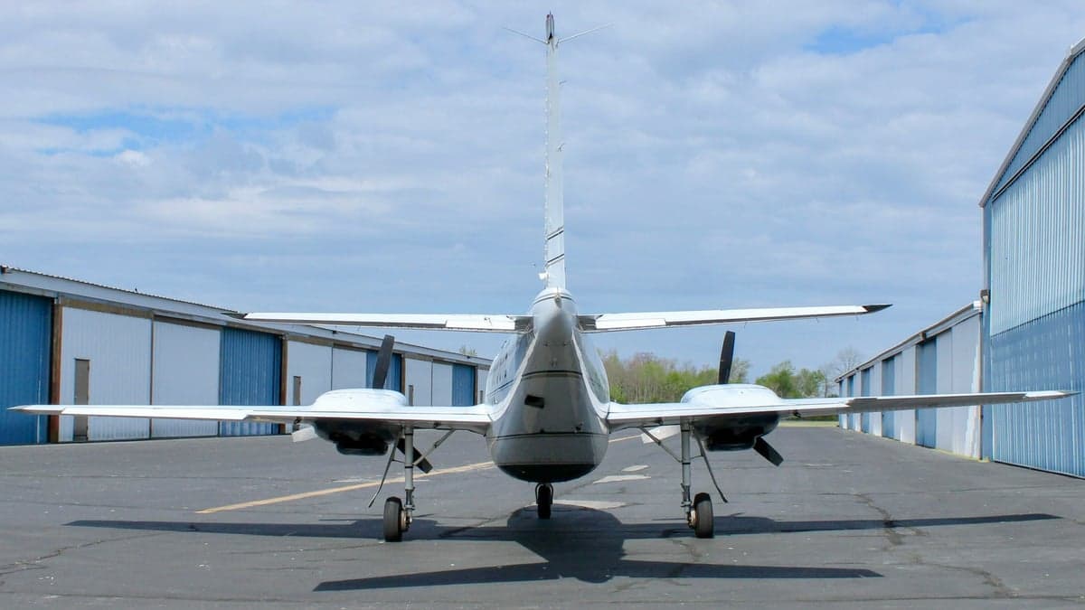 Rear view of an Aerostar Super 700 twin on the ramp.