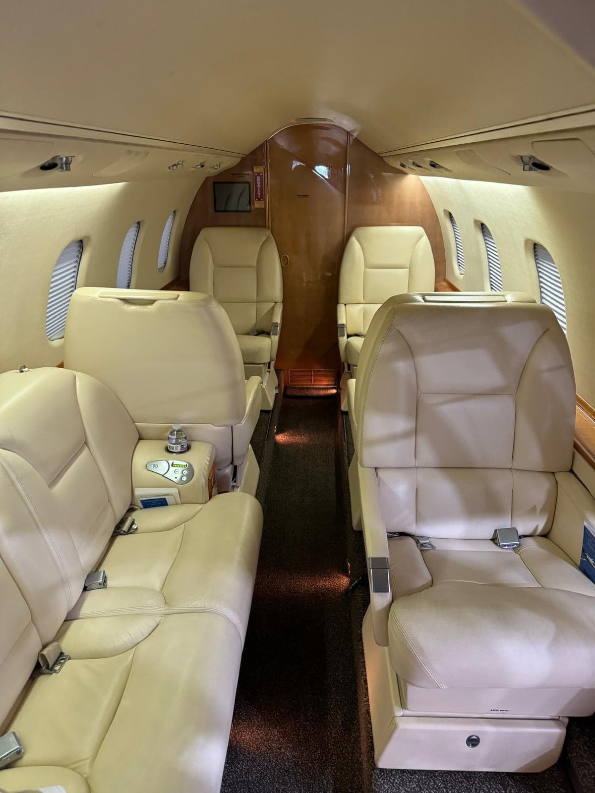 Interior view of the aircraft cabin with leather seats and aisle.