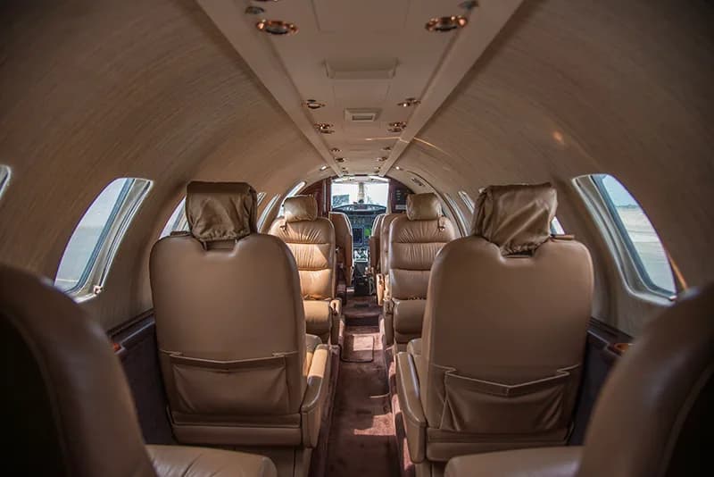 Interior view of the Cessna Citation CJ1+ cabin with leather seats.