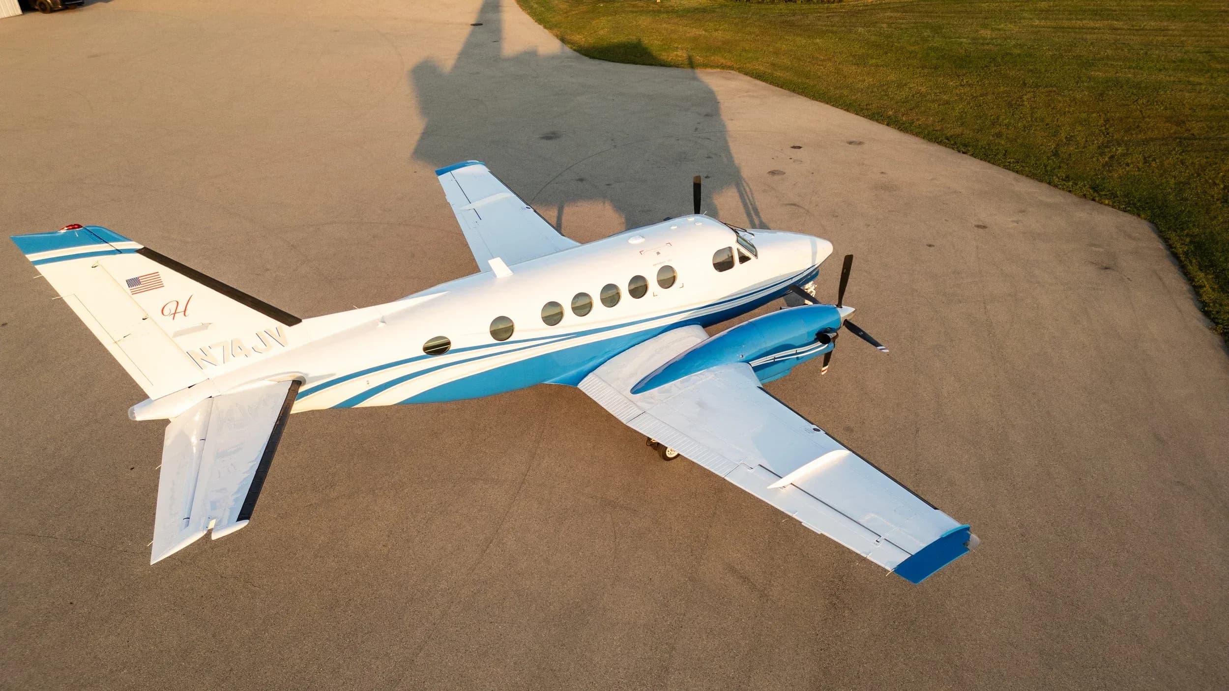 Aerial view of Beechcraft King Air 350i on the tarmac.