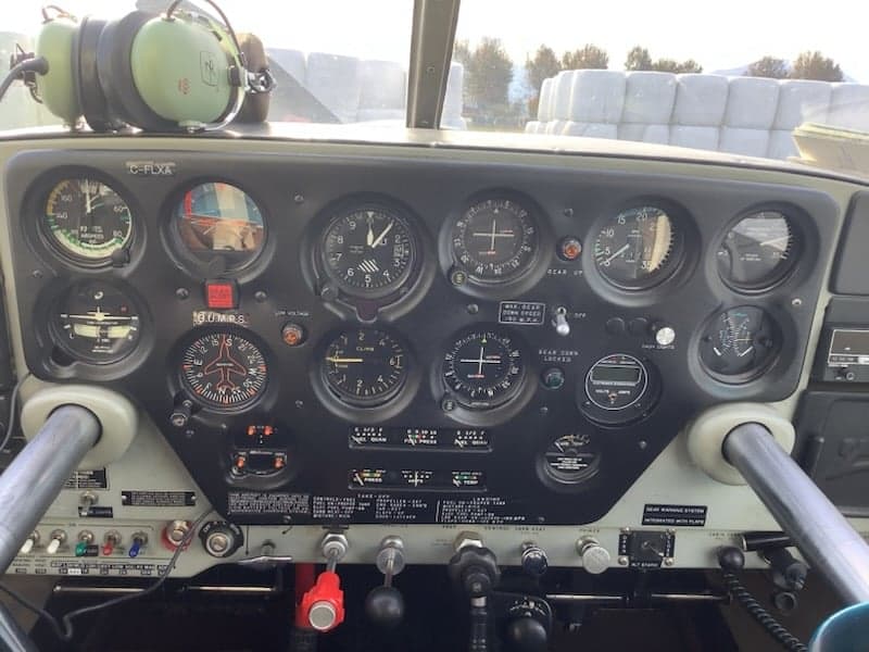 View of the aircraft's instrument panel and yoke.