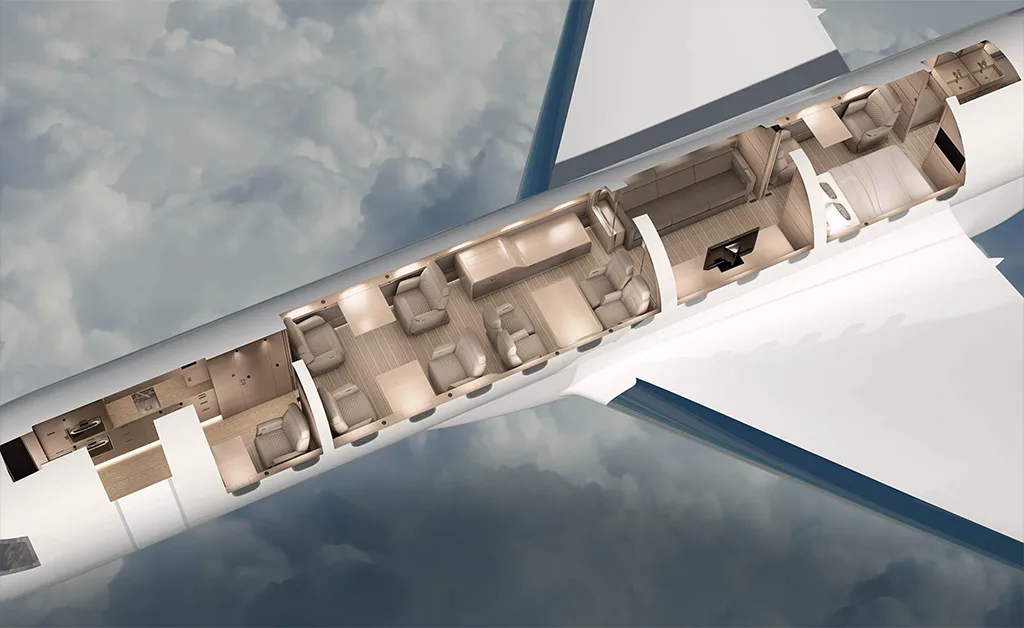 An overhead cutaway diagram of a private jet, revealing its luxurious interior layout with multiple cabin zones.
