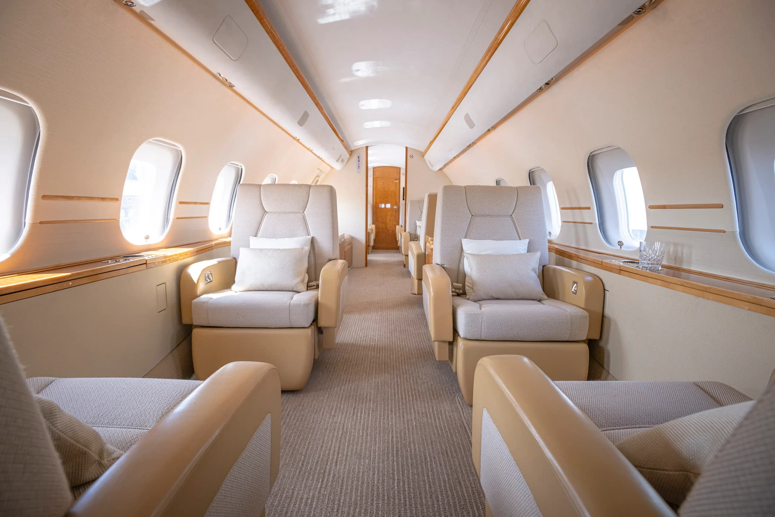 A view of the aircraft's interior with tan leather seats and wood trim.