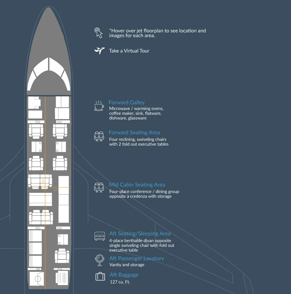 Cabin layout diagram showing seating and amenities.