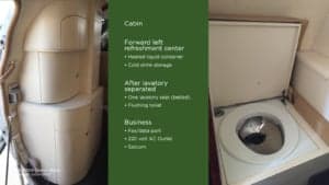 Cabin features of the Cessna Citation Bravo, including a refreshment center and lavatory.