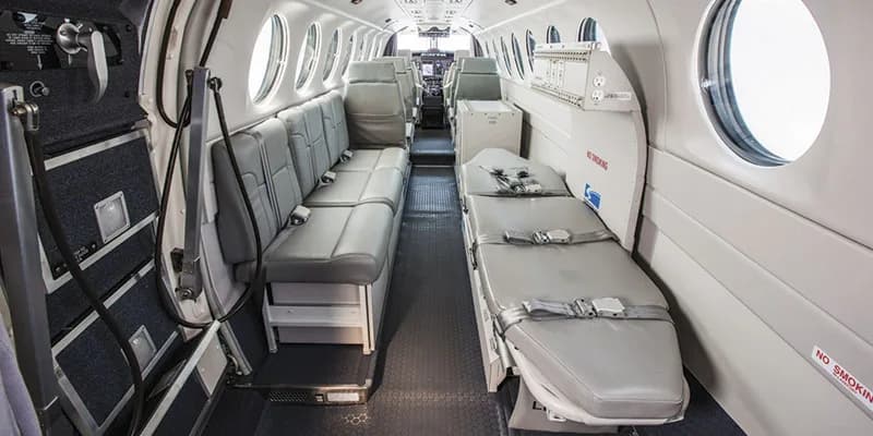 Interior of the King Air 350 configured for medical transport.