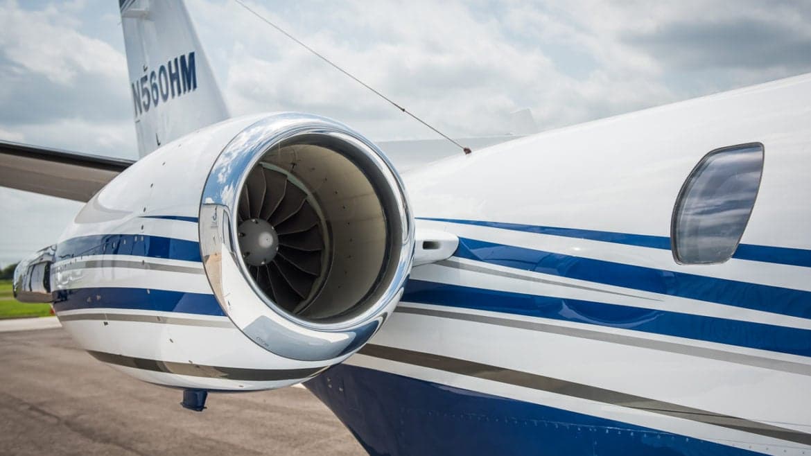 Close up of the engine of a Citation Encore aircraft.