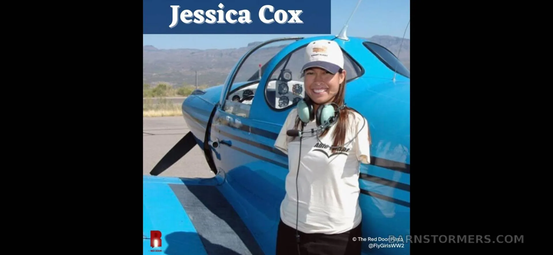 Jessica Cox, a pilot, stands next to a bright blue Ercoupe aircraft with black stripes on an airfield.