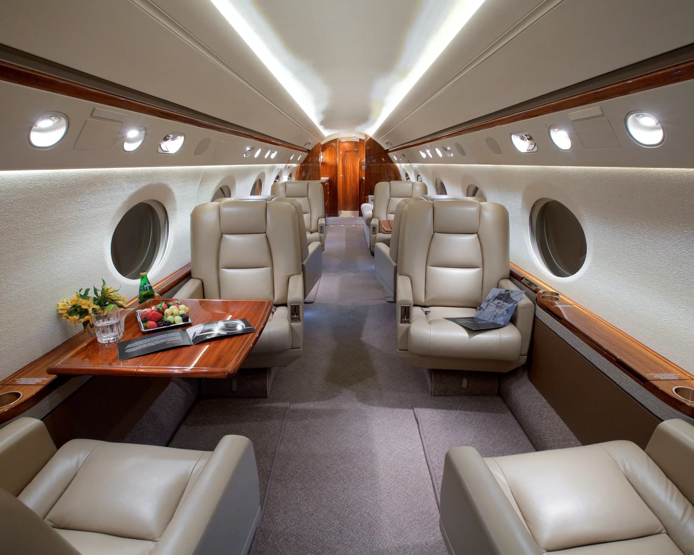 The private jet's cabin features comfortable beige leather seats arranged around a table set with flowers, fruit, and drinks.