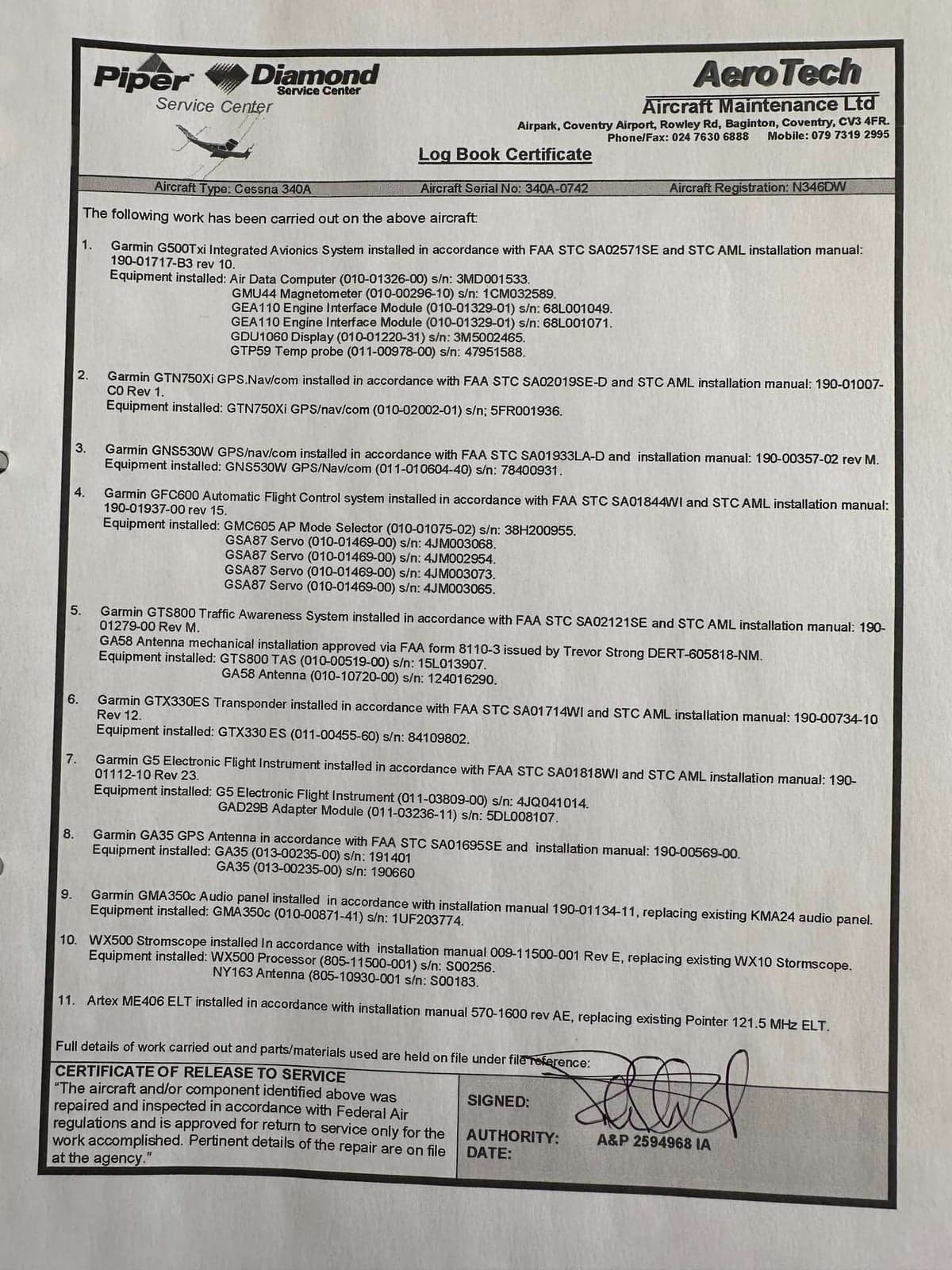 A log book certificate for a Cessna 340A aircraft.