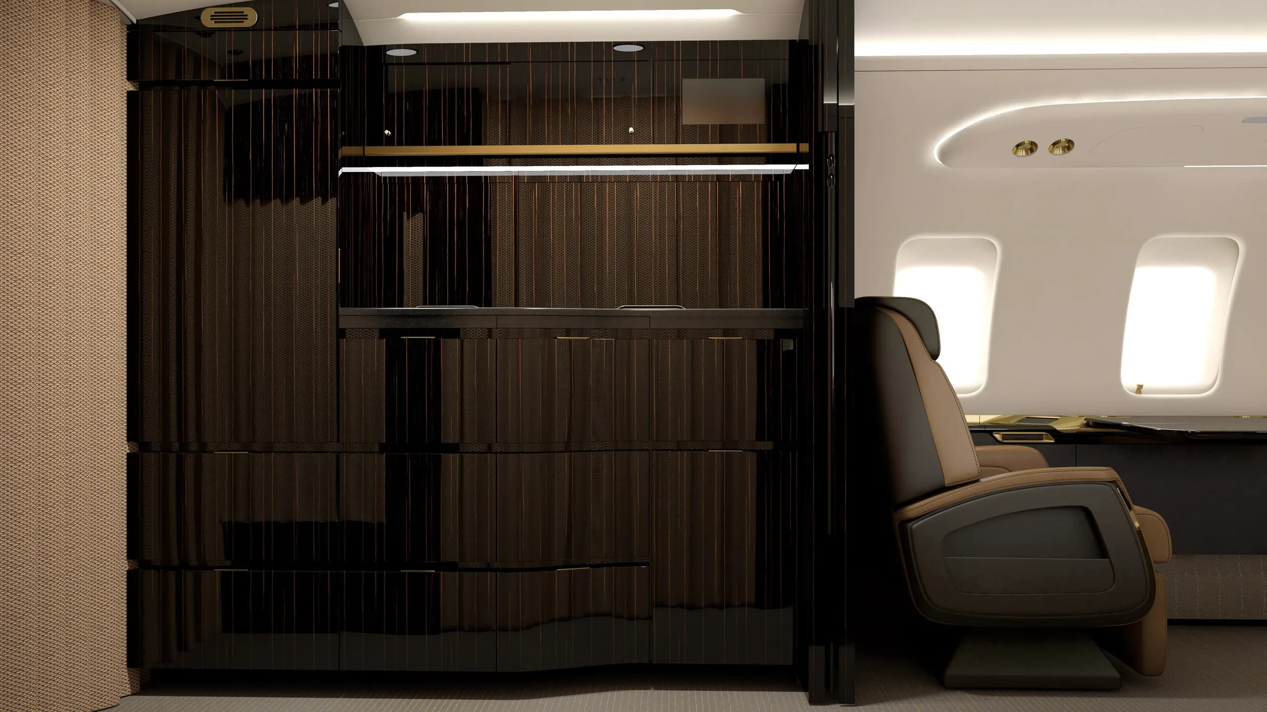 A dark wood-paneled section of an aircraft cabin with a single brown and black leather seat.