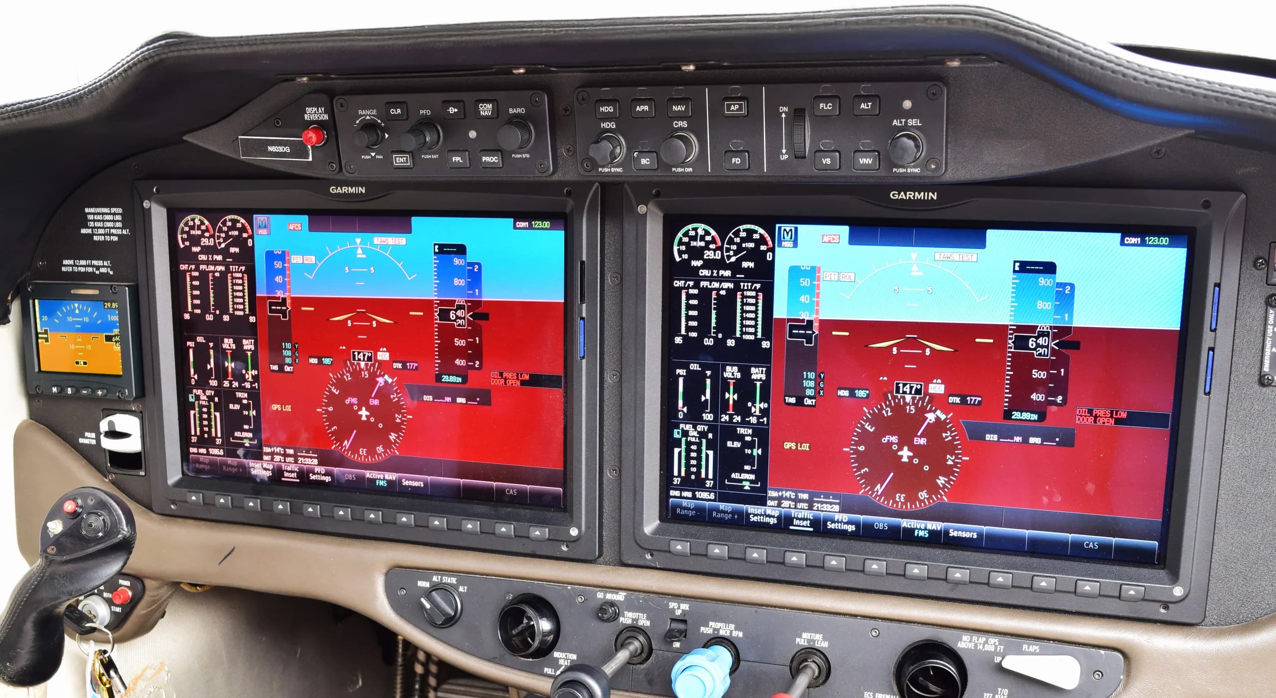 The cockpit instrument panel of a Cessna TTx, featuring two large Garmin G1000 displays.