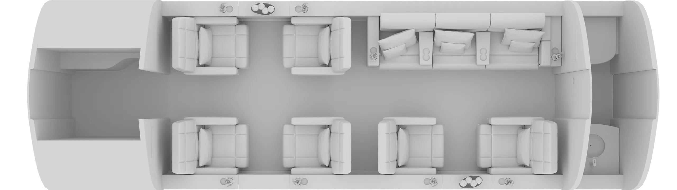 An overhead diagram of an aircraft cabin layout with eight seats and a rear lavatory.