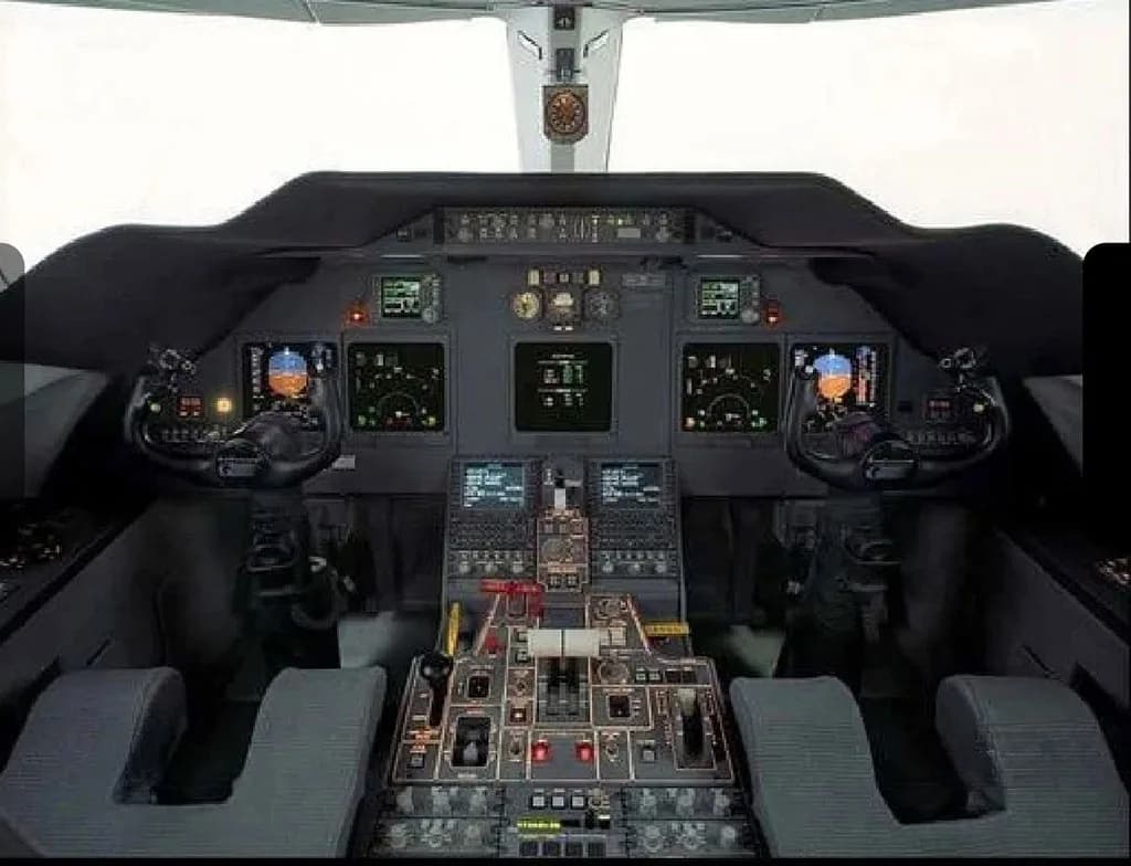 The cockpit of a private jet, featuring multiple digital displays, control yokes, and a central throttle quadrant.