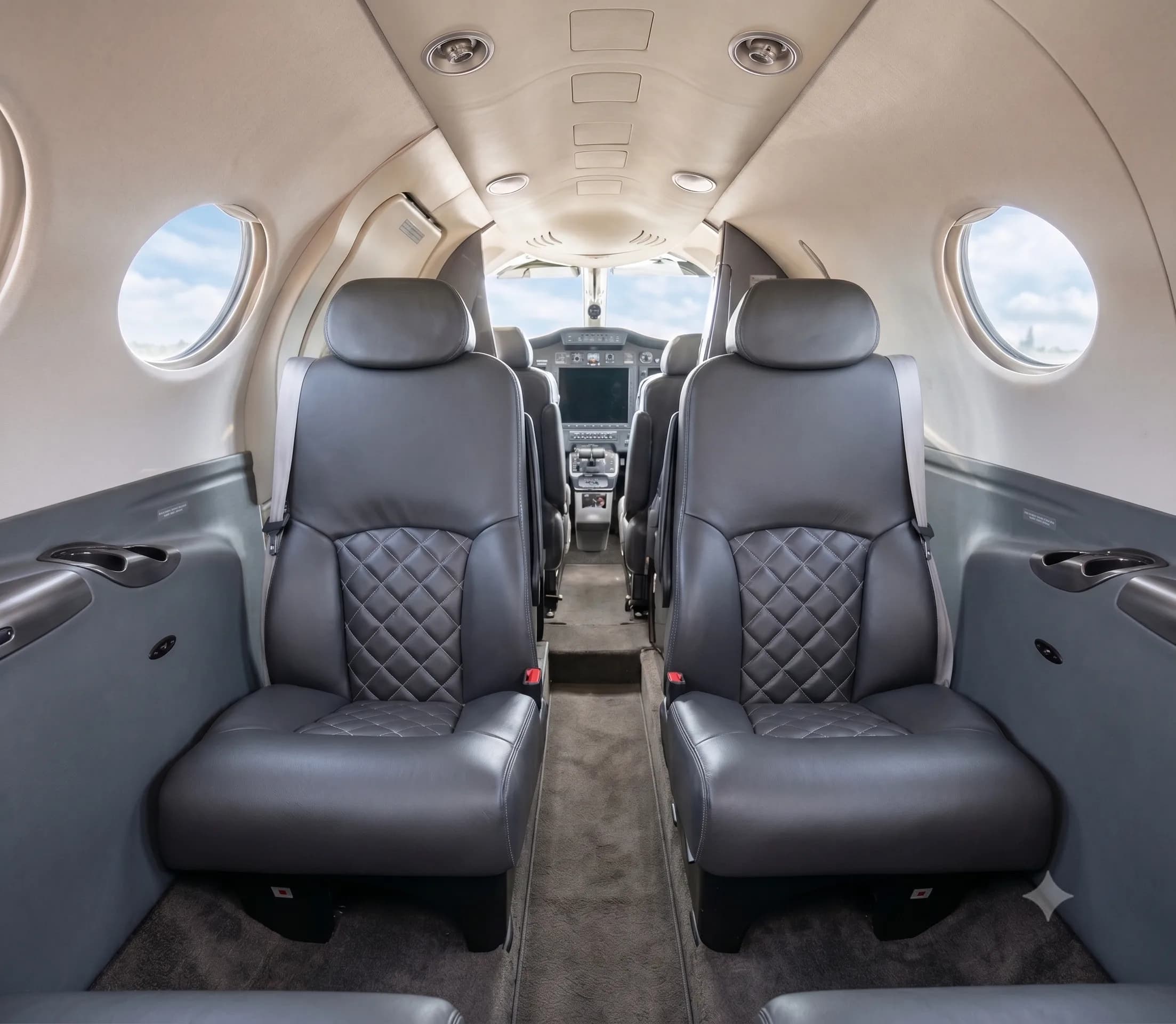 The aircraft's interior cabin features two rows of dark grey leather seats with quilted patterns, looking towards the cockpit.