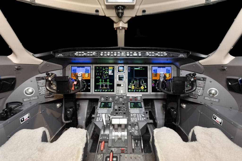 View of the aircraft's cockpit with instrument panel.