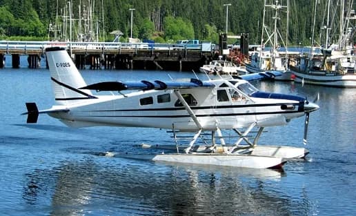 A white and blue floatplane with registration C-FOES on the water near a dock with other boats and trees in the background.