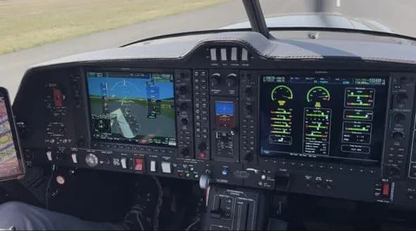 Close-up of the instrument panel in a Diamond DA50 RG aircraft.