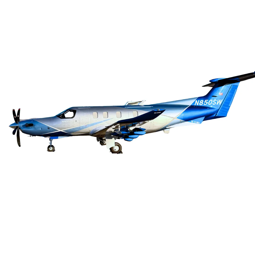 A Pilatus PC-12NG with a blue and silver paint scheme is shown in a right side view.
