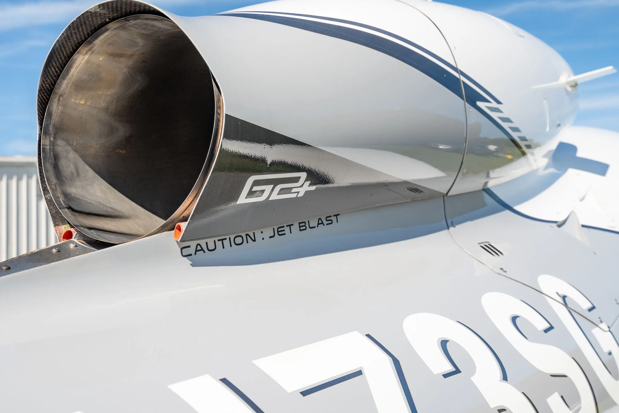Very close-up of the engine intake and "G2+" marking on the Cirrus Vision Jet N73SG.
