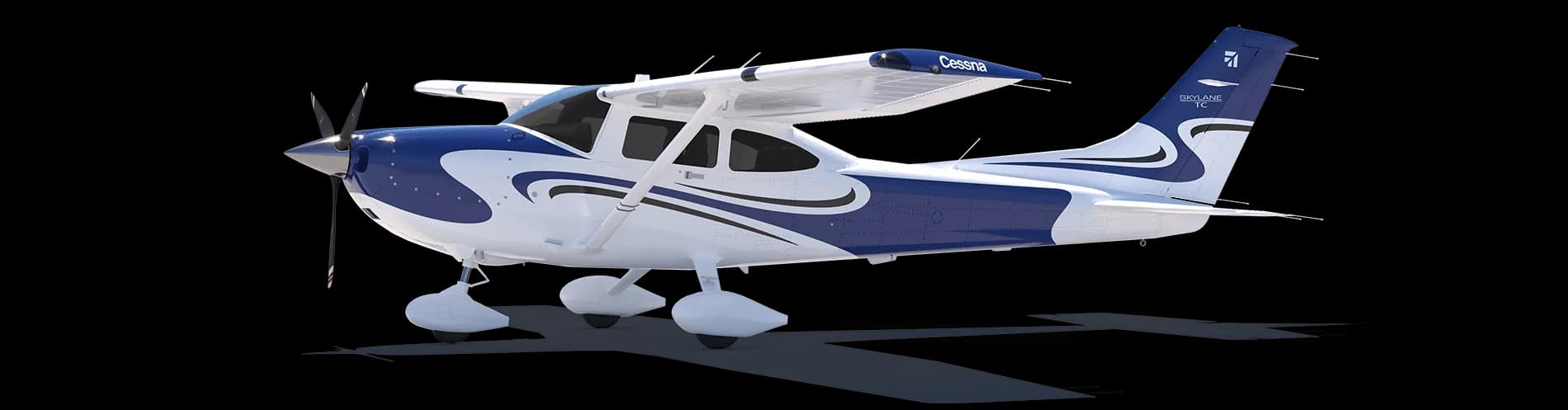 A white and blue Cessna Skylane on a black background.