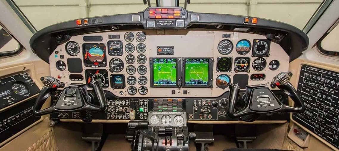 Detailed view of the Beechcraft King Air 200 cockpit instrument panel.