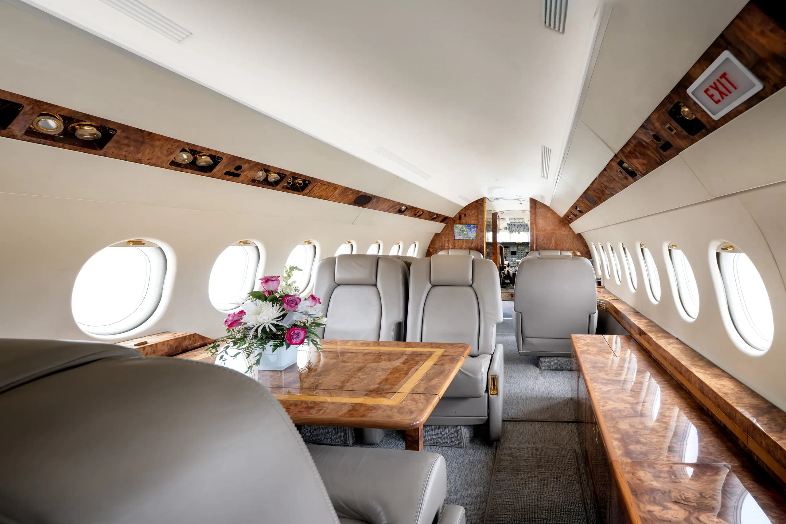 View of the aircraft interior with leather seats and wood accents.