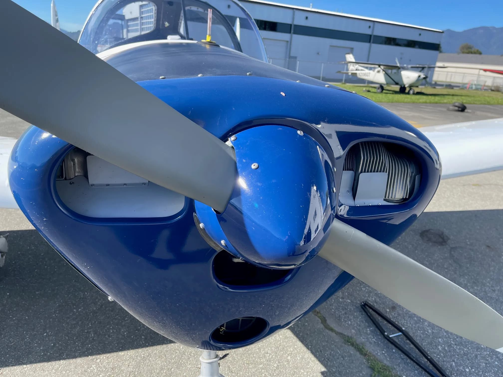 Close up of the propeller and cowling of the Ercoupe CF-BMJ.