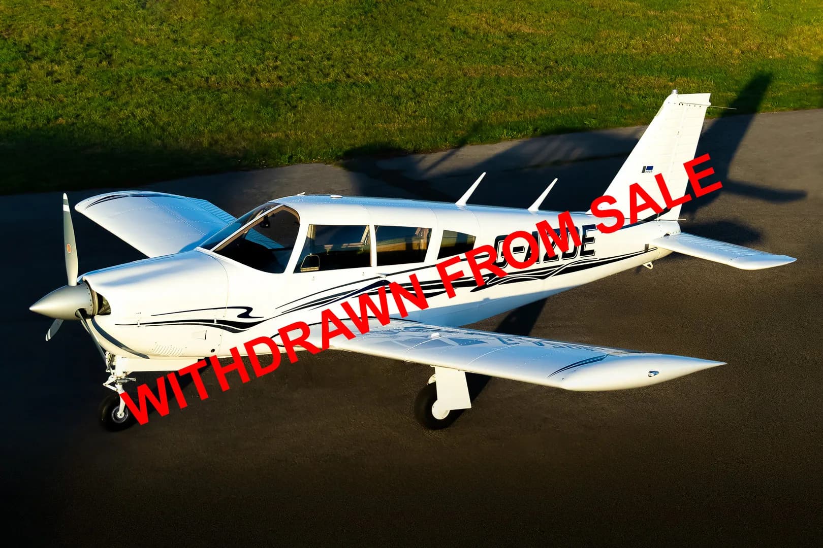 A white single-engine propeller aircraft with black stripe decals parked on an asphalt surface with green grass.